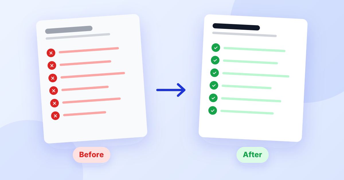 Illustration of a CV before and after fixing: mistakes crossed out on the left, a clean UK CV with ticks on the right